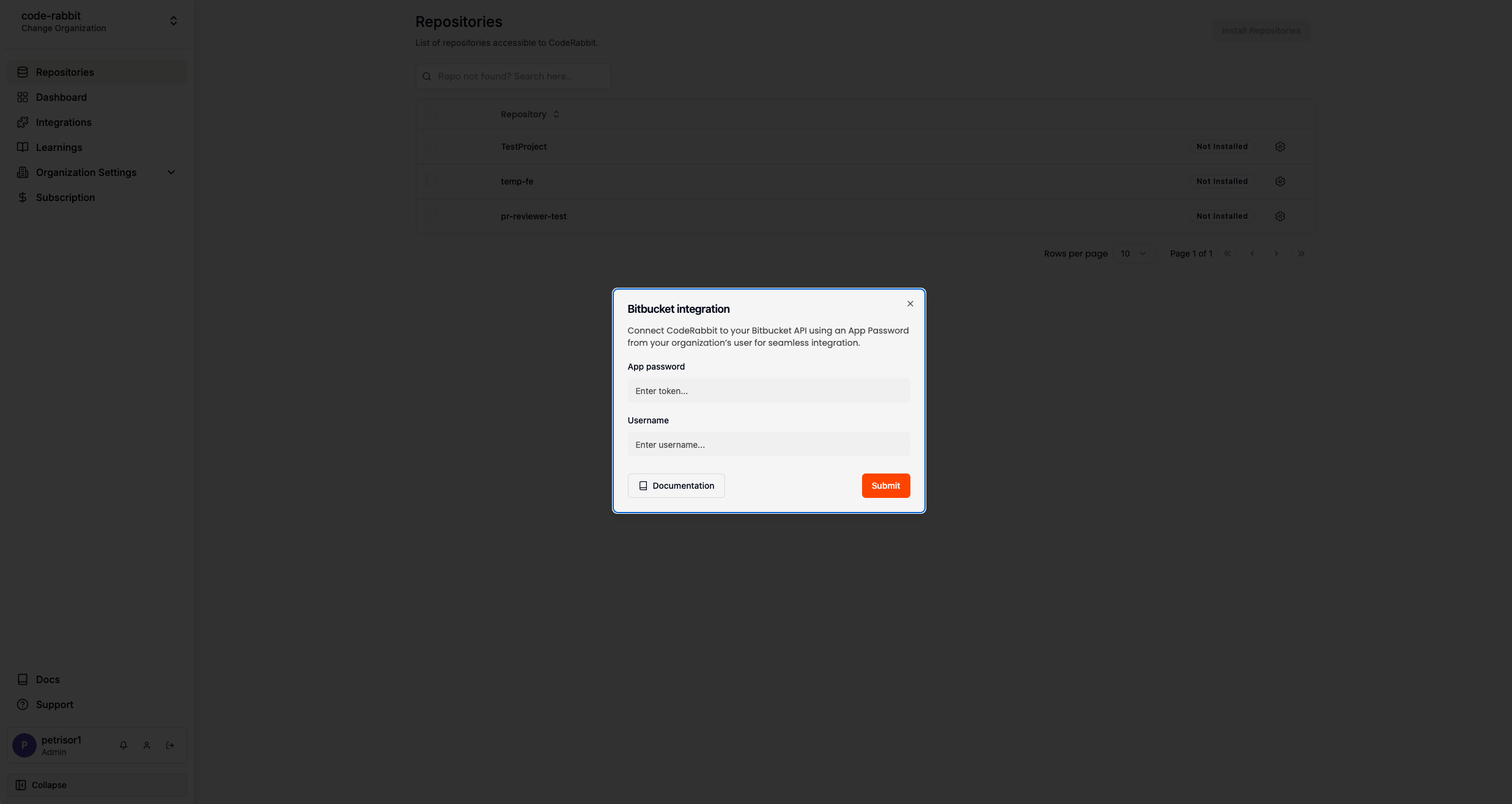 Bitbucket user modal