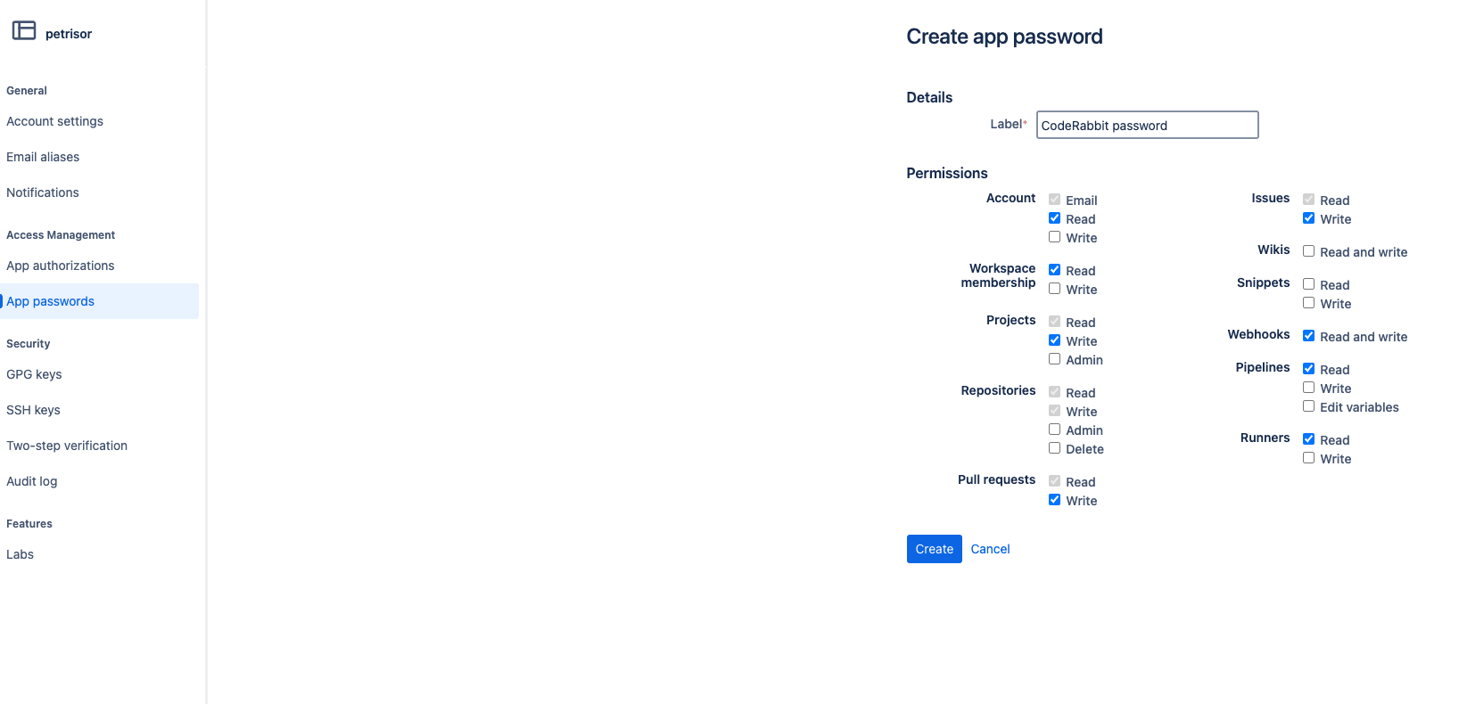 Bitbucket app password configuration page